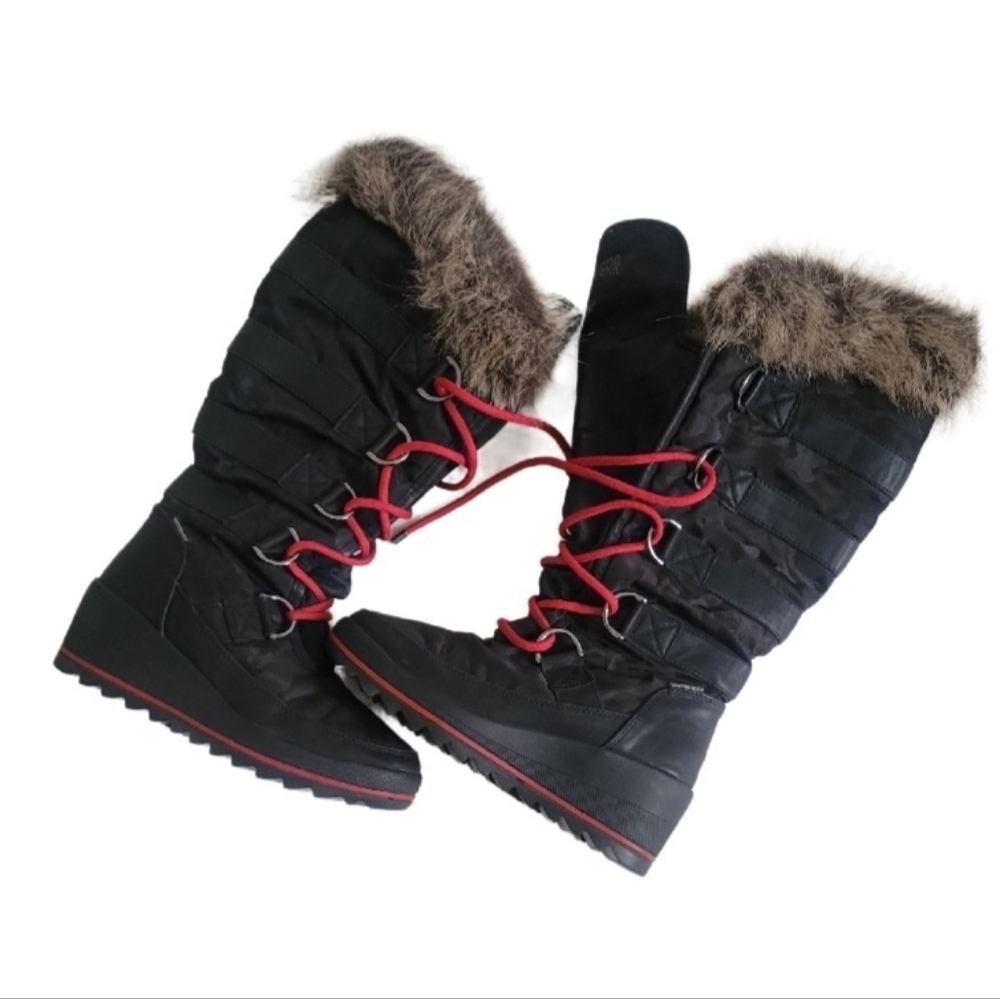 COUGAR Lancaster Black/Red Camo Lace-up Faux Fur Tall Winter Boots Size 7M